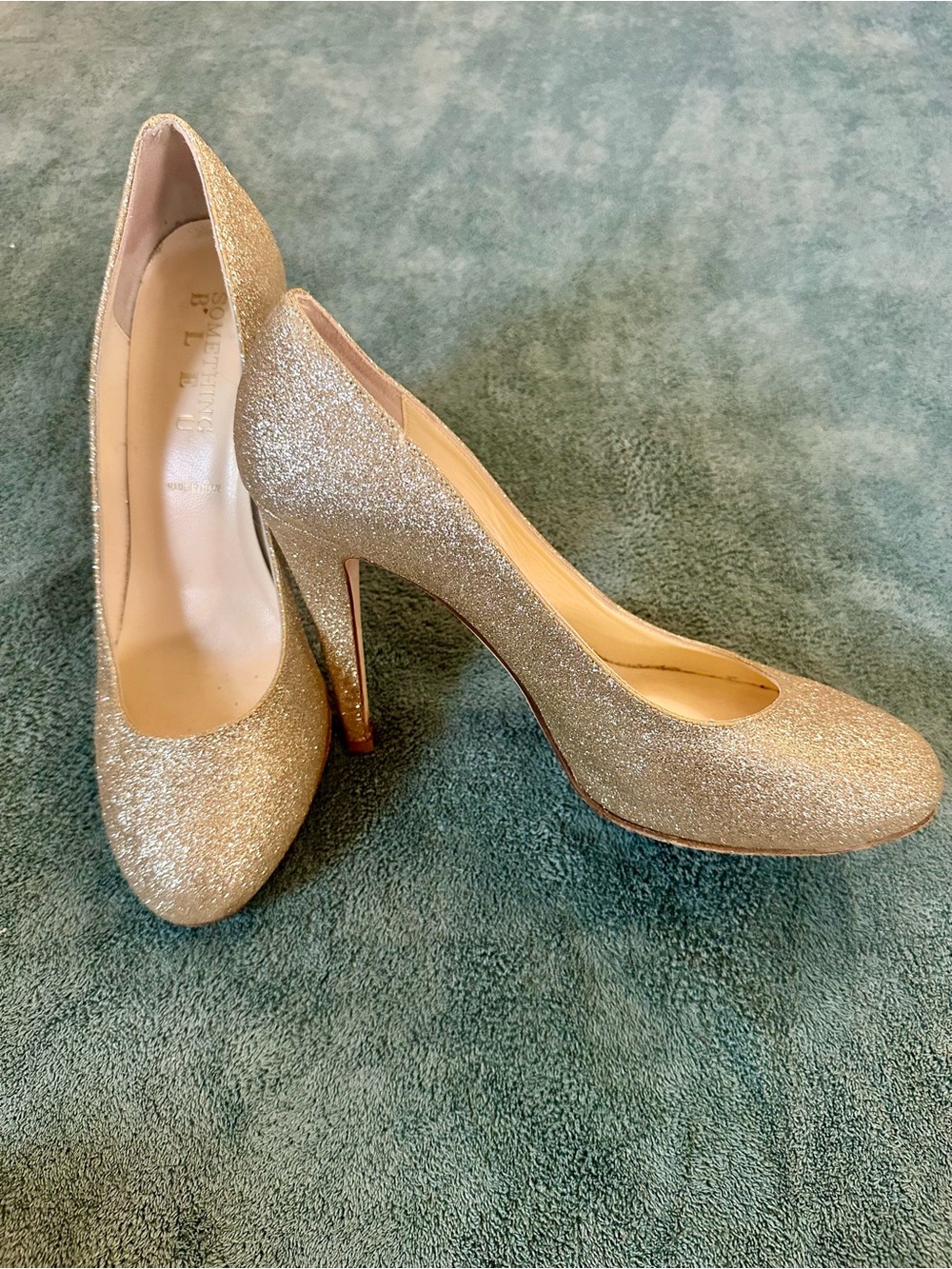 Something Bleu Gold Glitter Heels Made in Italy Leather Sole Pumps Size 9
